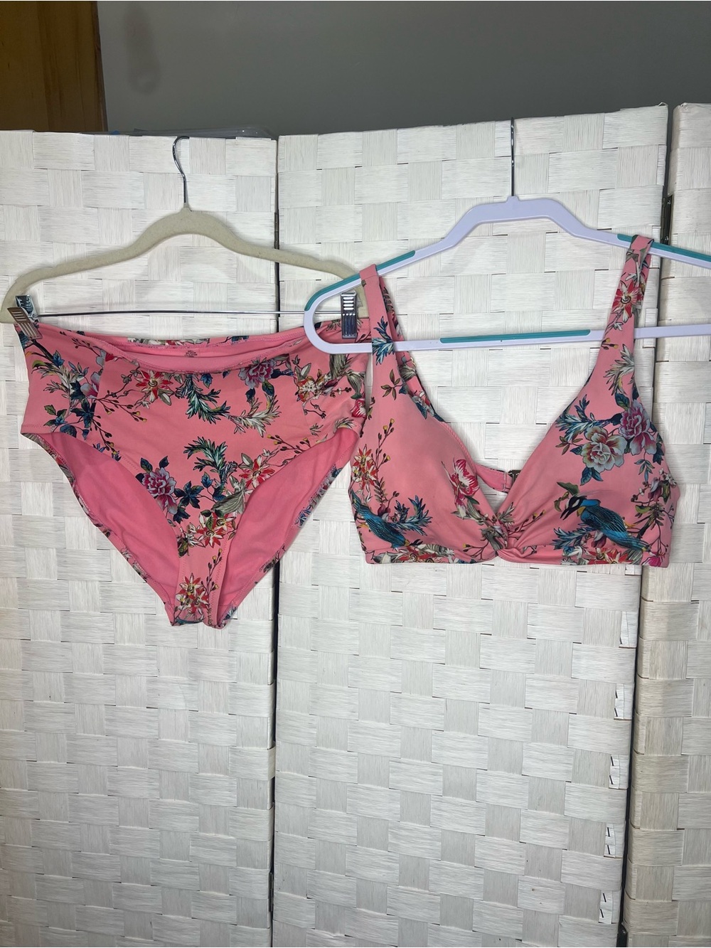Johnny Was Swim Pink Tropical Floral Bird Print Bikini Set XL Top & Bottoms